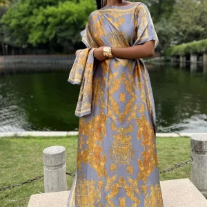 Abayas à imprimé musulman pour femmes, manches courtes, imitation injSatin, robe longue, robes islamiques avec hijabs, luxe doux