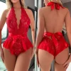 Robe body transparente en dentelle pour femmes, entrejambe ouvert, Lingerie Sexy, Costume de poupée, dos nu, col licou, sous-vêtements