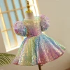 robe à paillettes ombrées pour filles, scintillante pastel, manches bouffantes, vêtements de fête d'anniversaire pour filles