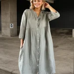 Robe trapèze boutonnée à manches longues et col rond pour femmes, monochromatique, élégante, mode féminine, décontractée, nouveau, printemps, automne