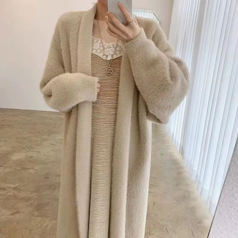 Cardigan Long blanc pour femmes, vêtements d'hiver tricotés, moelleux, manches longues, pull en cachemire, manteau, style coréen, chaud, vintage, nouvelle collection 2025
