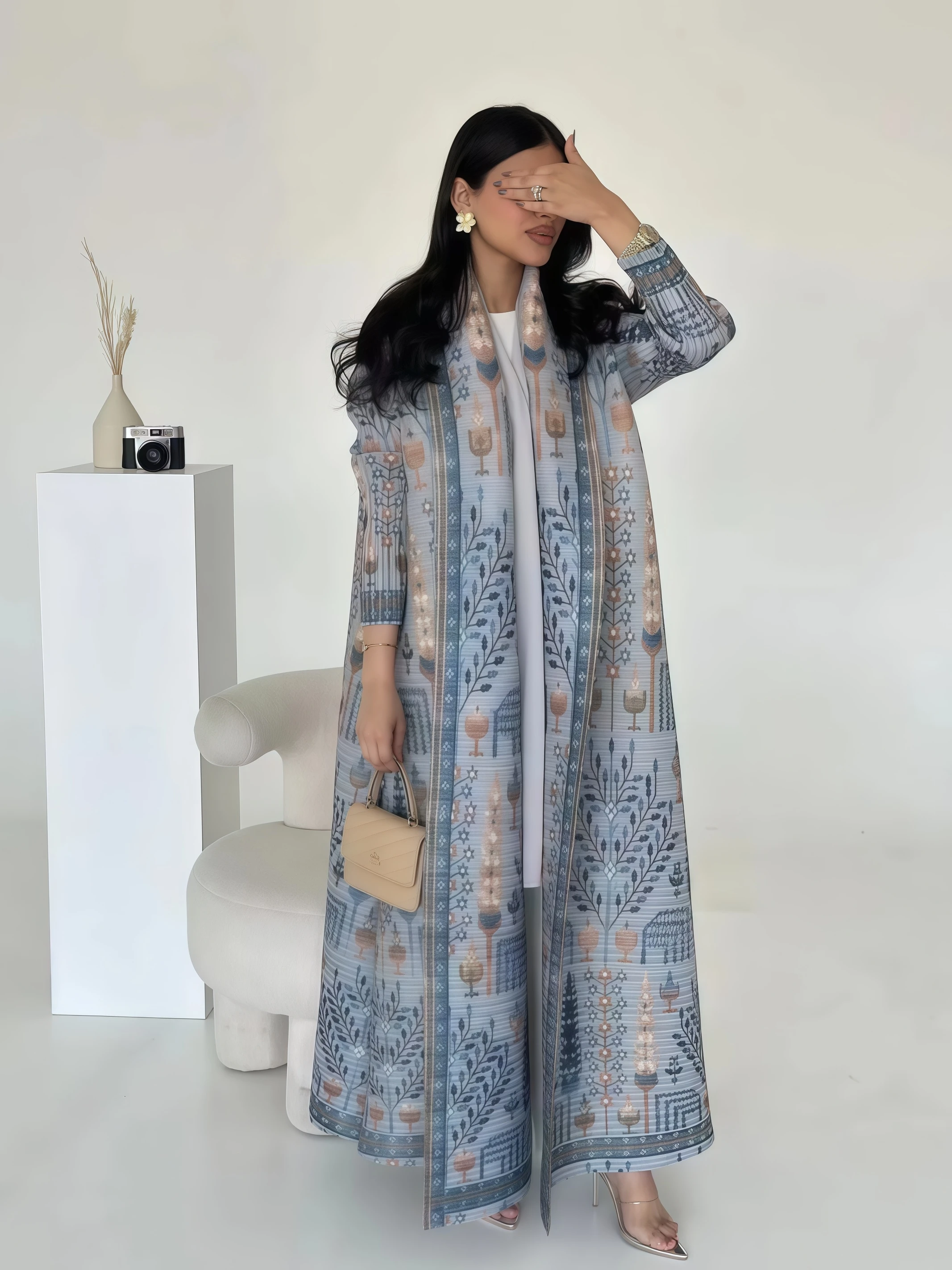 Ata Yake-Robe plissée à manches longues pour femme, manteau cardigan, col pliable, imprimé Abaya, design original, mode, hiver, nouveau, 2024