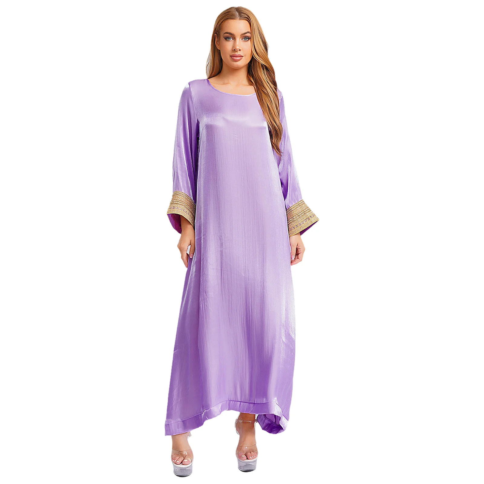 womens muslim arabic abaya maxi long dress pullover robe shiny long sleeve loose dubai saudi arabia middle east kaftan dress