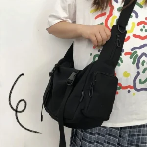 Sac à Bandoulière Noir avec Poches pour Femme, Fourre-Tout en Toile de Grande Capacité, Style Rétro Académique Foncé, Unisexe, Style Japonais BF