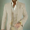 Costume 3 pièces en lin Beige pour hommes, décontracté, revers cranté, coupe cintrée, Tuxedos de marié, Blazer, gilet, pantalon, ensembles de Costume de fête de bal de mariage