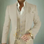 Costume 3 pièces en lin Beige pour hommes, décontracté, revers cranté, coupe cintrée, Tuxedos de marié, Blazer, gilet, pantalon, ensembles de Costume de fête de bal de mariage