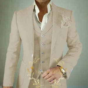 Costume 3 pièces en lin Beige pour hommes, décontracté, revers cranté, coupe cintrée, Tuxedos de marié, Blazer, gilet, pantalon, ensembles de Costume de fête de bal de mariage Costume 3 pièces en lin Beige pour hommes, décontracté, revers cranté, coupe cintrée, Tuxedos de marié, Blazer, gilet, pantalon, ensembles de Costume de fête de bal de mariage
