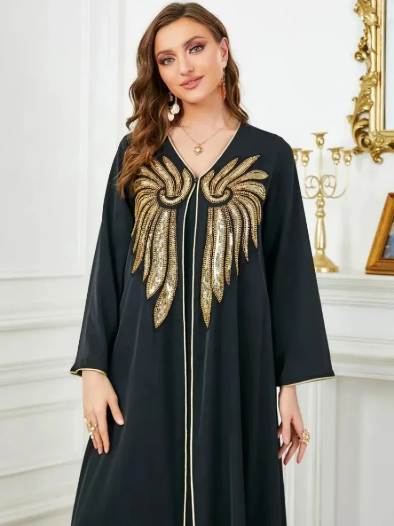 abaya perlée pour femme, robe longue islamique brodée, robes de soirée musulmanes, caftan marocain noir, ramadan dubaï, 2 pièces