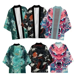 Kimono de samouraï traditionnel japonais pour hommes et femmes, Cardigan ample vert imprimé Dragon Anime, manches 3/4, chemise Harajuku Haori Coaplay