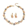 collier de perles en métal pour femmes, exquis et élégant, feuille de strass, collier de perles colorées, ensemble de boucles d'oreilles, cadeau