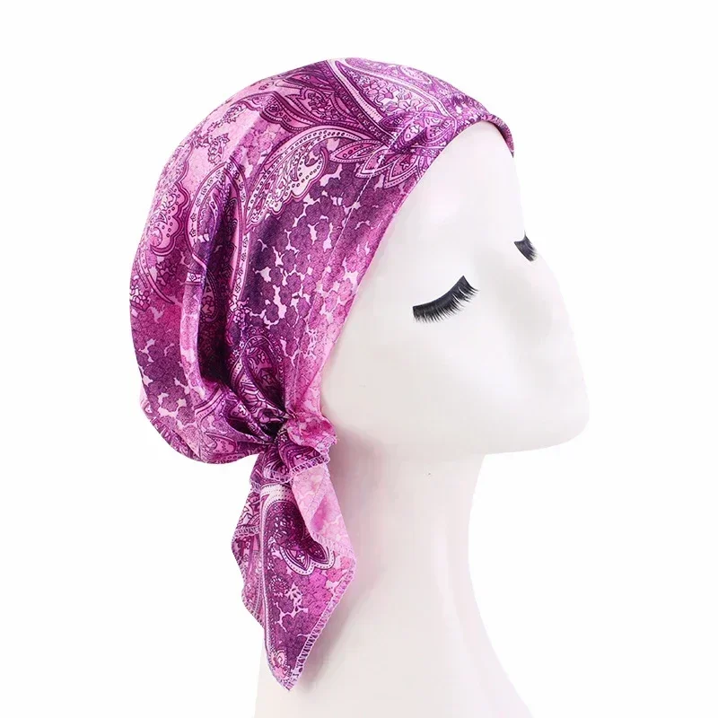 satin musulman femmes imprimé pré attaché foulard élastique femme turban cancer chimio chapeau perte de cheveux sommeil casquettes couverture bandeau bandana