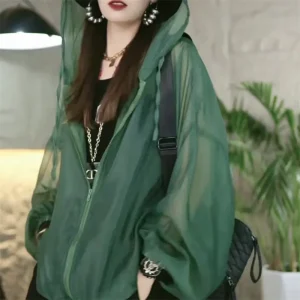 Veste d&rsquo;été à capuche avec cordon de serrage pour femmes, protection solaire, nouvelle mode décontractée, couleur unie, fine et respirante, manteau de protection solaire ample