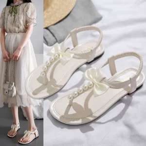 Chaussures Beige été 2025 sans talon diamant chaussures pour femmes sandales plates en caoutchouc pour femme tongs nœud strass taille asiatique H F