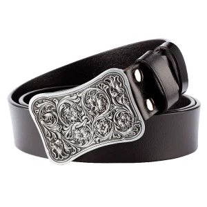 Ceinture en cuir véritable à motif arabique, boucle en métal, Design Floral de vigne islamique rétro, fleur royale sculptée, ceinture décorative Ceinture en cuir véritable à motif arabique, boucle en métal, Design Floral de vigne islamique rétro, fleur royale sculptée, ceinture décorative