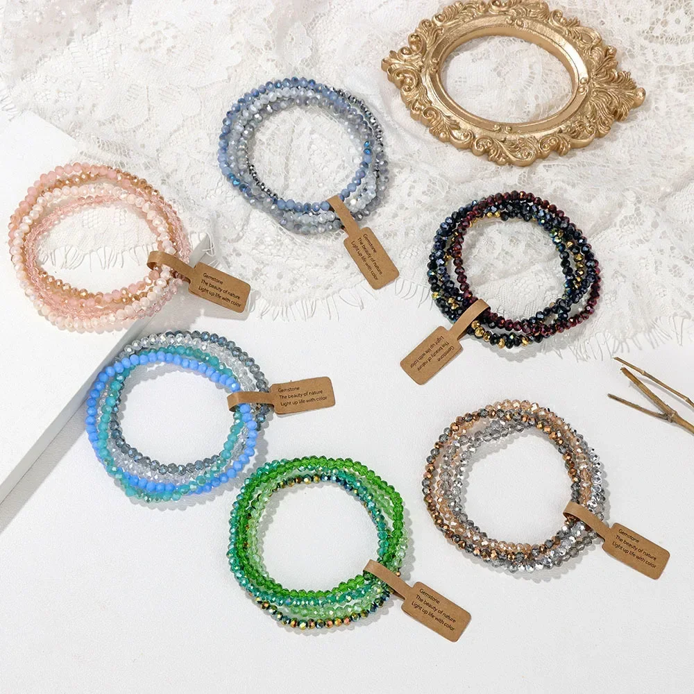 Ensemble de 4 pièces de perles de verre à facettes, Bracelet extensible pour femmes et hommes, perles de cristal, corde élastique multicolore, bijoux faits à la main