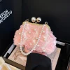 pochette rose élégante, sac à main à la mode pour fête de mariage, sac à clip de luxe avec chaîne de perles, sacs à bandoulière polyvalents à coque