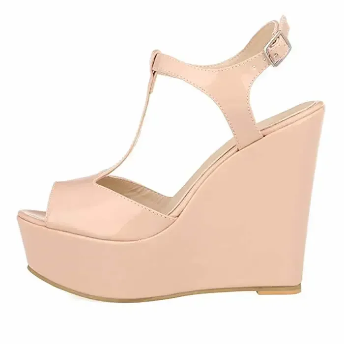sandales à talons compensés pour femmes, escarpins à plateforme en cuir verni, bout ouvert de 14cm, lanière à la cheville, sexy, chaussures de fête et de mariage, nouvelle collection été 2025