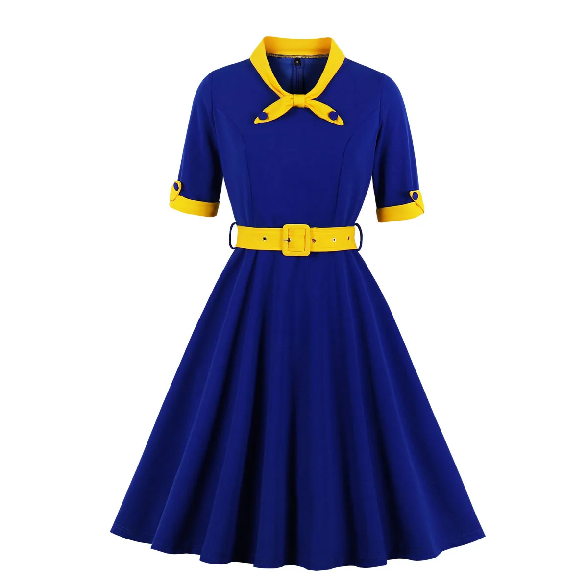 Robe mi-longue trapèze élégante, col à nœud, manches courtes, ceinture de taille, bloc de couleur plissé, tenue de bureau pour femme, Style Vintage, nouveau