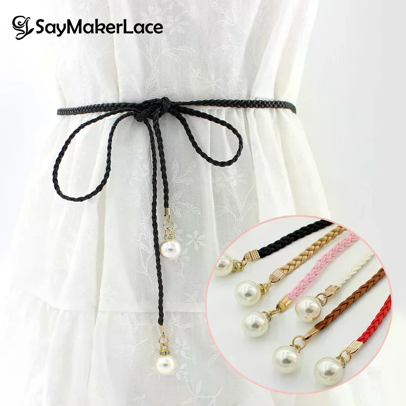 Ceinture fine à nœud bohème pour femmes, Vintage, élégante, élastique, tressée, perles, robe de bord de mer, corde de taille décorative, été