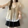 dentelle femmes chemise à manches courtes haut tendance 2025 été couleur unie blouse coréenne blouse patchwork en mousseline de soie dames vêtements femme