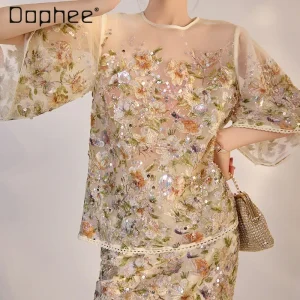 RapIndustry-Ensemble haut à manches courtes et jupe taille haute, broderie de fleurs, paillettes, tenues rétro de luxe légères, haut de gamme, 2 pièces