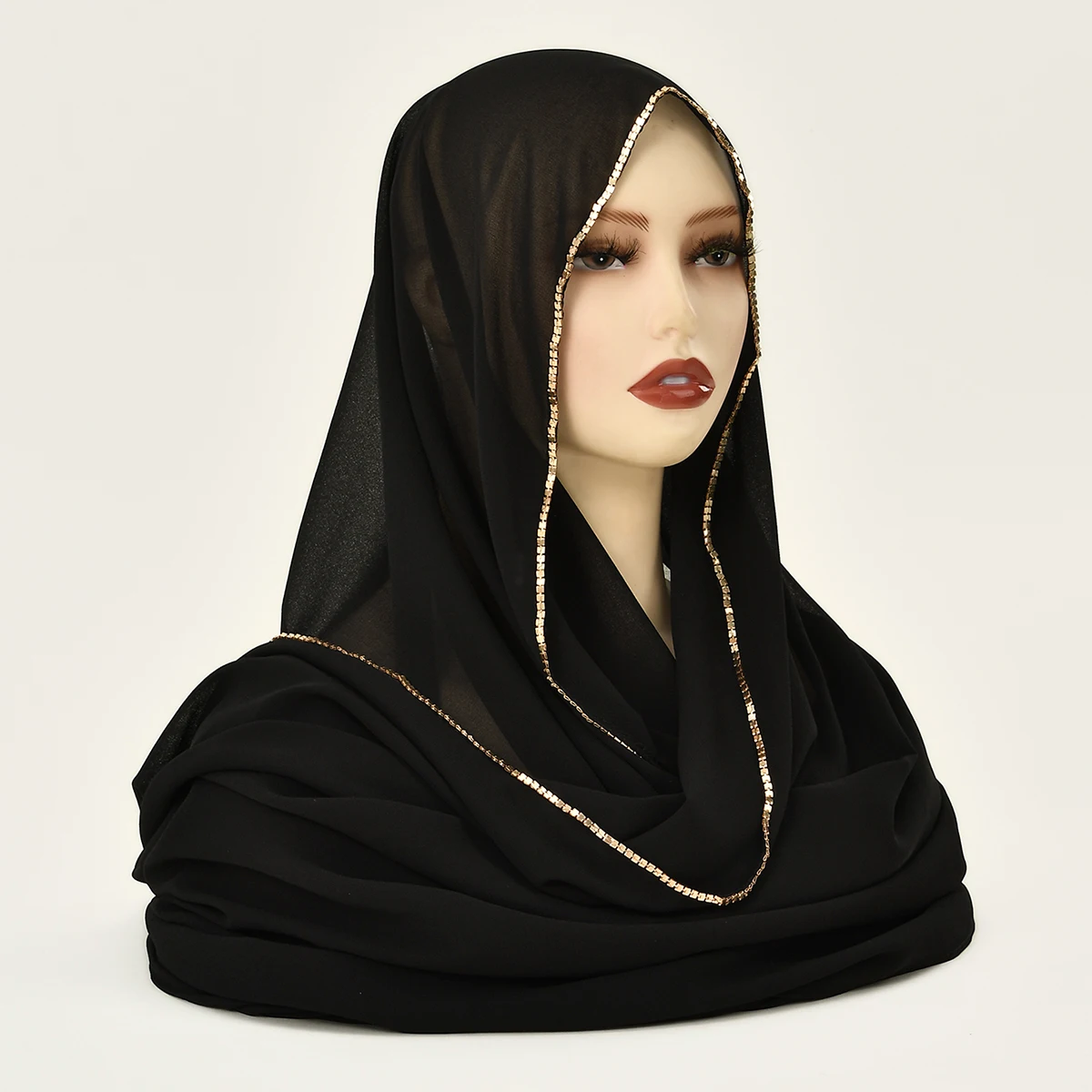 Écharpe hijab en mousseline de soie strass pour femmes, châle extensible, bandeau musulman uni, mode, couleur unie, long silencieux
