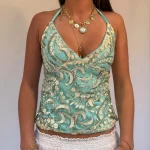 Chemise perlée à paillettes pour femmes, style Boho, plage, vacances, haut court, paillettes scintillantes, dos nu, cravate, col licou, Y2k, Coquette féerique