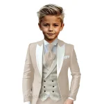 Costumes Beige Slim Fit pour garçon, Blazer à simple boutonnage de haute qualité, ensemble 3 pièces avec veste, pantalon, gilet pour enfants, tenue de bal élégante