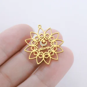 Pendentif étoile de lune islamique, Lotus Mandala, pierre CZ, breloque religieuse musulmane pour bijoux spirituels islamiques, composant de collier