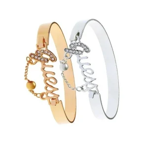 Bracelet en métal avec lettre pour femme, design, pompon, bande en alliage, breloque en cristal, bijoux de mode, savoir chaud