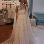 Robe de Soirée de Forme Trapèze avec Perles et Manches Cape, Tenue Luxueuse, Arabe, Dubaï, Col Haut, Longue, Formelle, Bal, Mariage, Personnalisée, 2025