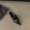 sandales décontractées en cuir pu pour femmes noires, mode fille, strass, talons plats à enfiler, bout pointu, élégantes, slingback