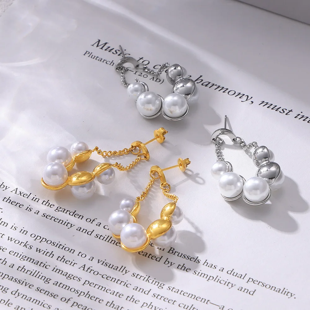 boucles d'oreilles rondes en acier inoxydable pour femme, pendentif perle vintage, plaqué or, Étanche, cadeau bijoux