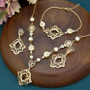 Sunspicems – ensemble de Bijoux de mariée marocaine pour femmes, boucles d&rsquo;oreilles pendantes, Bracelet Chic, collier de perles, couleur or, Bijoux arabes musulmans, cadeau, nouvelle collection