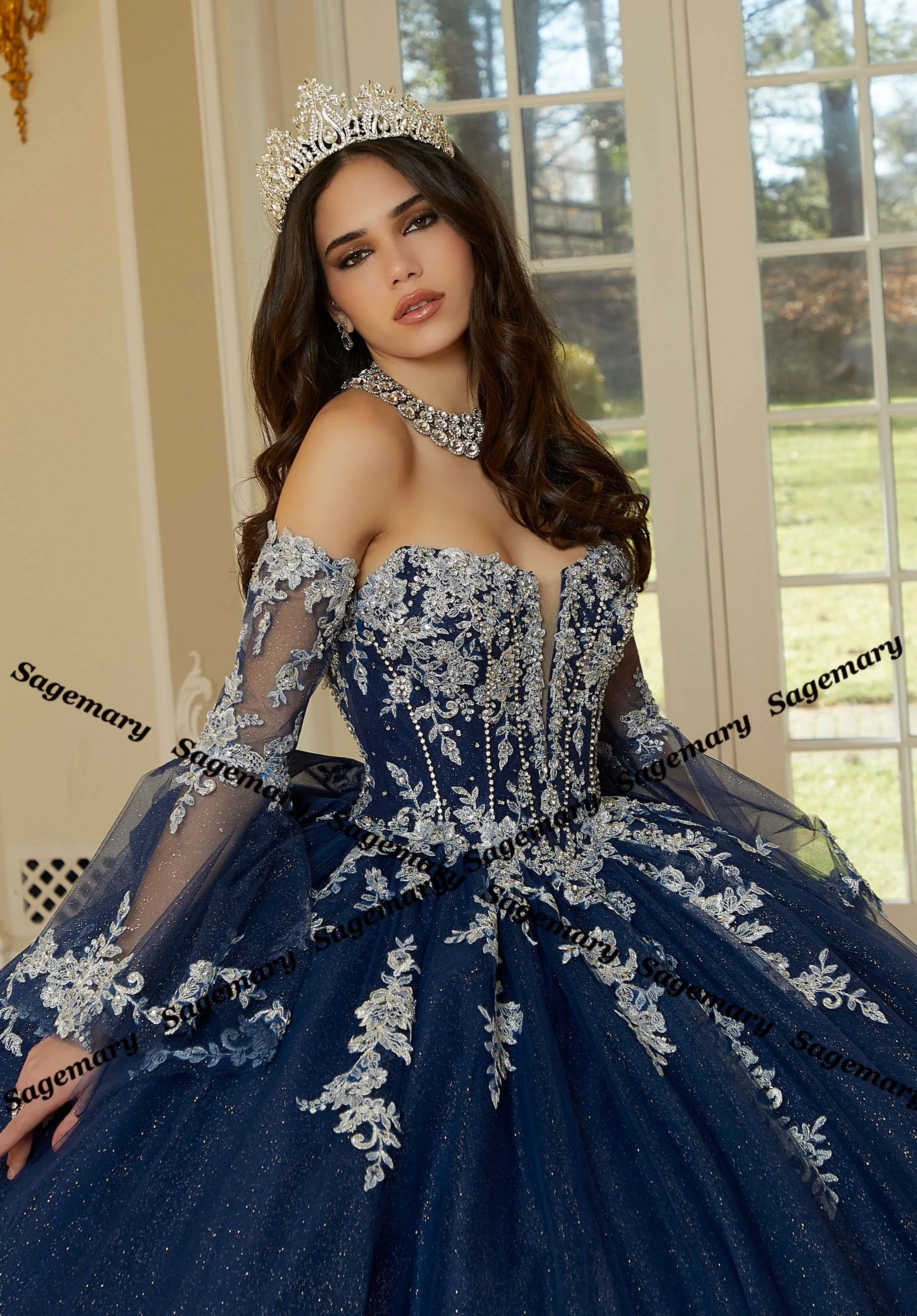 Sagemary – robes de Quinceanera sans bretelles à paillettes pour filles, avec des Appliques en dentelle, robe de bal, Corset, manches détachables, Tulle et strass