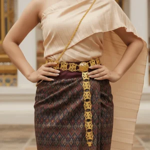 Ceinture traditionnelle de Style ethnique argenté pour femmes, chaîne de taille en métal avec pompon traditionnel ajouré, ceinture dorée thaïlandaise