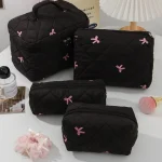 Trousse de maquillage Portable noire, grande capacité, pochette matelassée avec nœud rose, sac à main pour dames, sac de rangement de toilette de voyage
