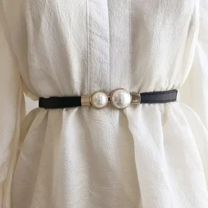 Ceinture en cuir pour femmes, créative, Double perle, taille élastique, fine, élégante, accessoires de mode, vêtements, décoration, cadeaux