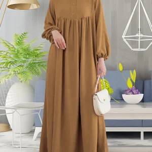 Robe Abaya modeste pour femmes musulmanes Robe Simple à manches bulles col rond Robe Abaya islamique respirante