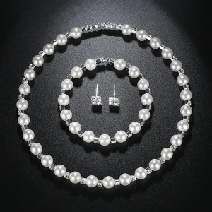 Ensemble de bijoux en perles pour mariée, collier et boucles d&rsquo;oreilles en cristal plaqué argent, Bracelet, cadeau de fête