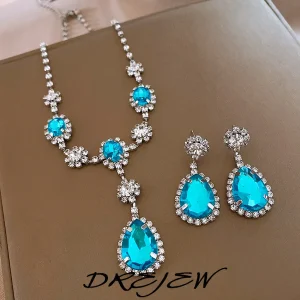 DREJEW diamant incrusté bleu goutte d&rsquo;eau ensemble de bijoux pour les femmes léger luxe haut de gamme tempérament boucles d&rsquo;oreilles de mariage collier ensembles
