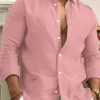 chemise unie en coton et lin pour hommes, couleur unie, classique, boutonnée, revers, manches longues, mode printemps automne, chemises amples pour hommes