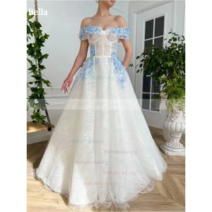 Bella personnalisé blanc paillettes 3D fleurs une épaule robes de soirée maille tissu robes de soirée parole longueur robe de bal 2025 Bella personnalisé blanc paillettes 3D fleurs une épaule robes de soirée maille tissu robes de soirée parole longueur robe de bal 2025