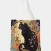 sac à main décontracté imprimé motif chat noir, sac à dos réutilisable à la mode, sac à main multifonctionnel, sac de shopping en toile