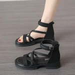 Sandales noires à talons pour femmes, chaussures d&rsquo;été assorties avec tout, Beige, confort, plage, basse, mode filles, gladiateur plat, dentelle transparente, 2024