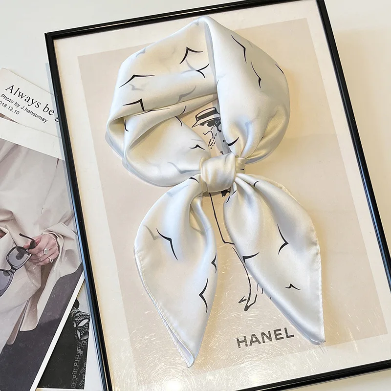 foulard carré en soie polyvalent pour femmes, foulard à fleurs vert frais, bandeau pour cheveux, sac noué, mouchoir hijab