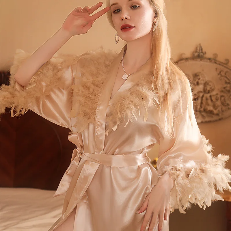 robe de mariée en satin avec ceinture, peignoir en plumes pour femmes, vêtements de nuit courts, kimono, chemise de nuit de luxe, vêtements de détente