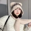 chapeau tricoté en jacquard style fair isle pour filles, doublure polaire, imprimé oreilles d'ours, bonnet en tricot imprimé de style ethnique coréen pour filles