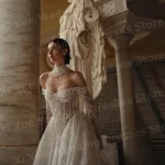 Robe De mariée ligne A scintillante pour femmes, manches longues, avec des Appliques en dentelle, personnalisée, épaules dénudées