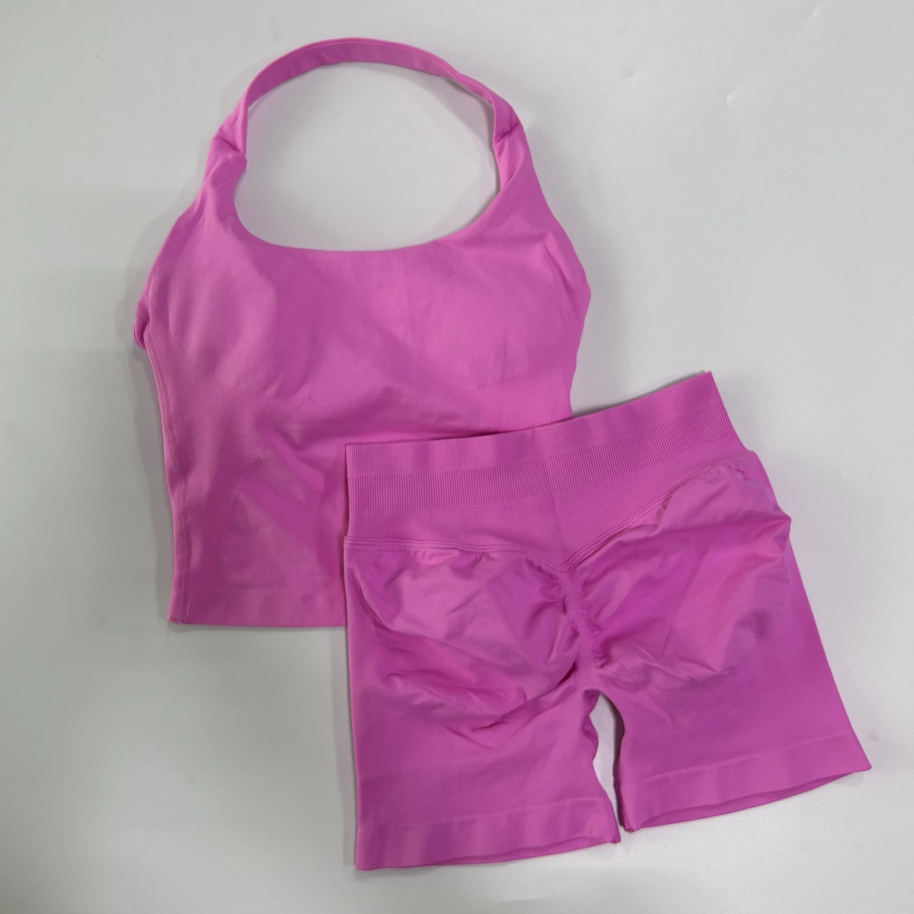 Yoga 2 pièces ensemble de gymnastique femmes dos nu haut à licou taille haute sans couture Shorts costume de sport Fitness sport soutiens-gorge vêtements de sport ensembles d'entraînement